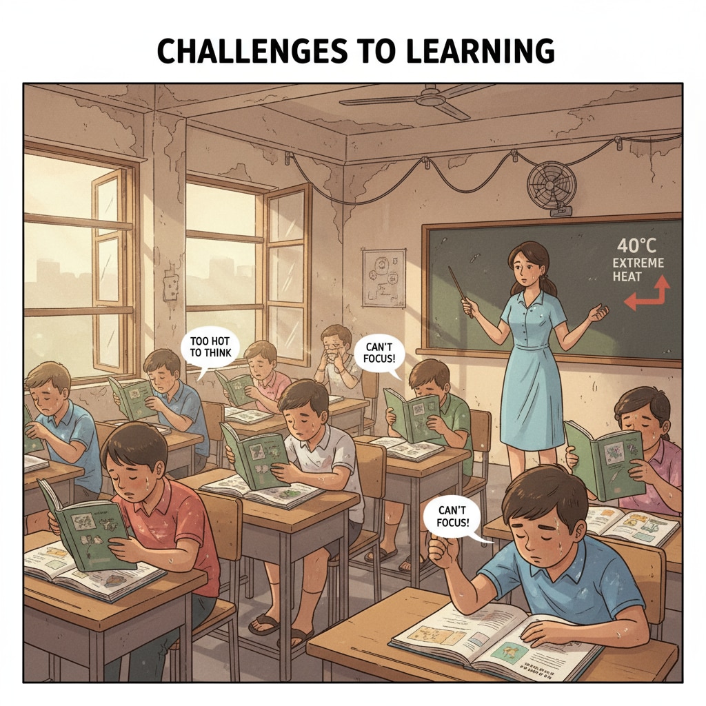 Students in a hot classroom in a marginalized community are sweating and seem distracted, with textbooks open but not being fully engaged in learning due to the extreme heat. Students in a marginalized community facing challenges in a hot classroom due to climate inequality and extreme heat