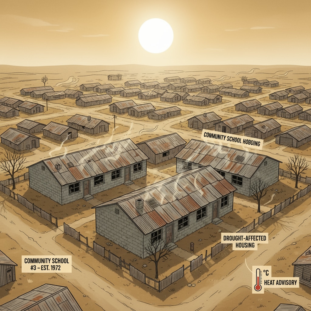 An aerial view shows a marginalized community with dilapidated school buildings. During a heatwave, the sun beats down on the rooftops, and there are no visible signs of proper cooling systems. Marginalized community school buildings during a heatwave highlighting climate inequality and its impact on education