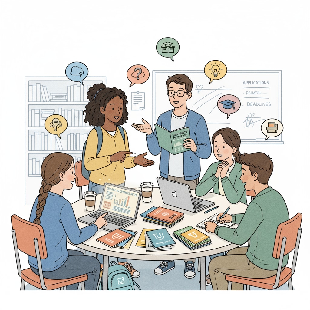 A group of high school students are gathered around a table, engaged in a lively discussion about college admissions. They are looking at brochures and laptops, sharing ideas and concerns. High school students discussing college admissions