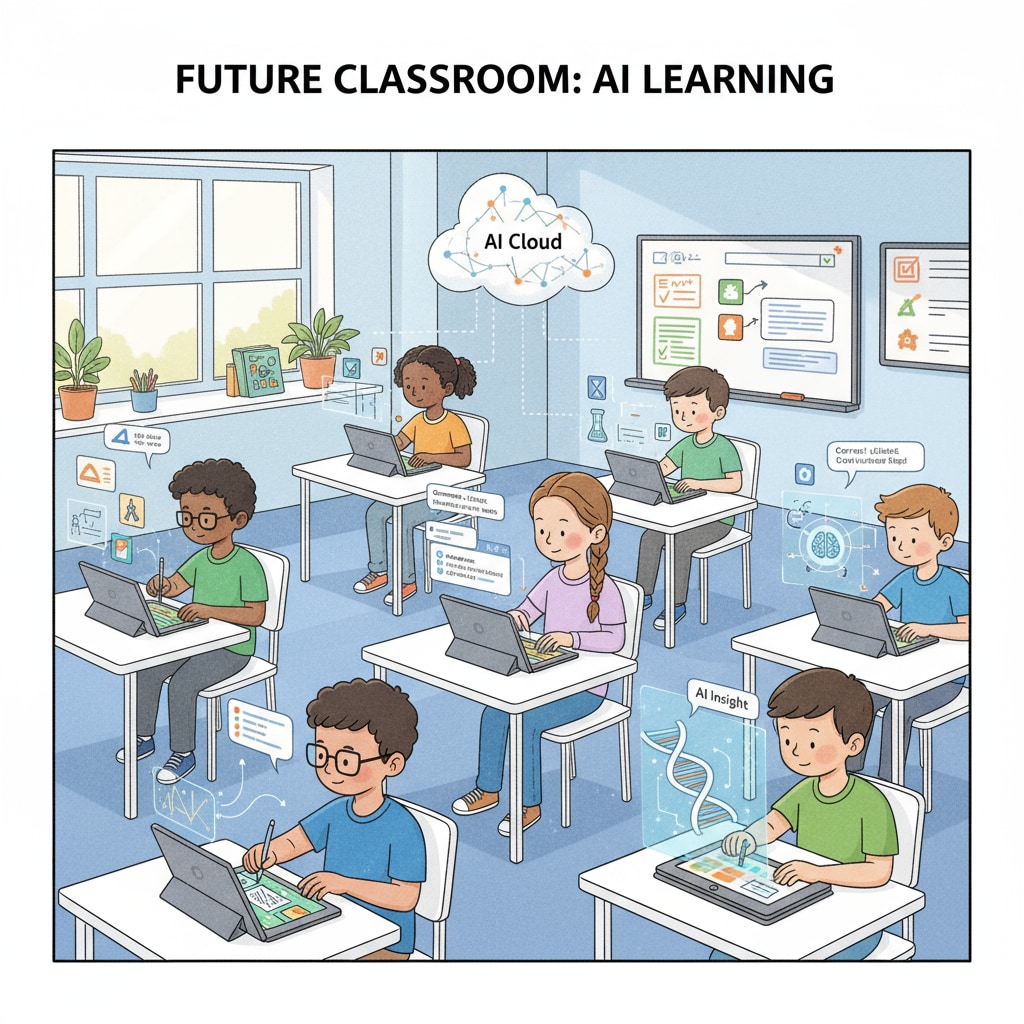 AI - integrated educational apps being used by students in a classroom for enhanced learning with productivity applications, AI feedback, and deep work tracking
