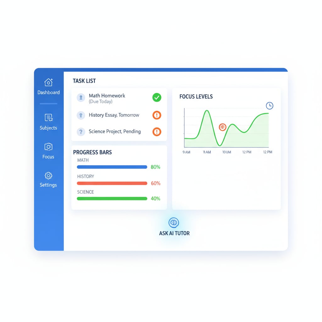 Screenshot of an AI - integrated educational productivity app demonstrating task management, progress tracking, and deep work tracking features