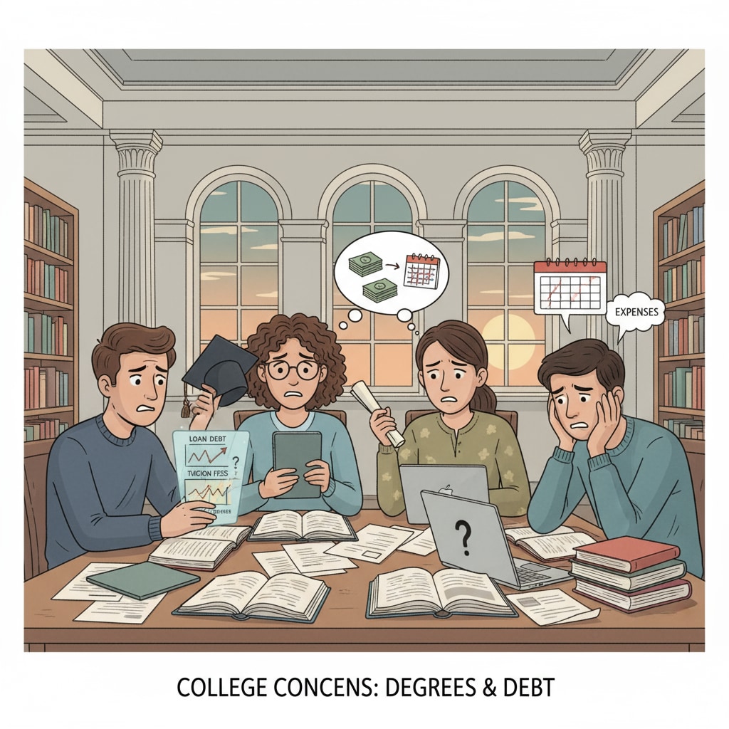 Students in a library showing concern about university credits, bachelor's degree, and arrears issues.