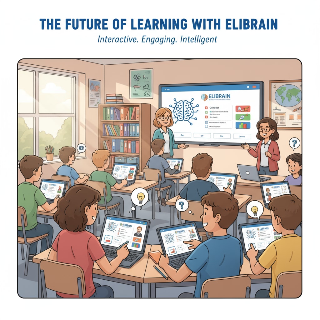 Students using ELIBRAIN educational platform in a classroom for teaching and learning