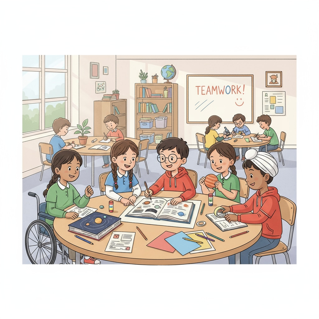 A classroom scene where children of different backgrounds are collaborating on a project, highlighting the positive interaction in a diverse learning environment. Children from privileged and economically disadvantaged backgrounds collaborating in an educational environment