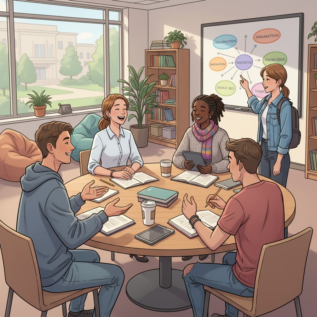 A group of students from various economic backgrounds chatting and laughing, depicting the friendly atmosphere in a shared learning space. Students from privileged and economically disadvantaged backgrounds enjoying a shared learning moment