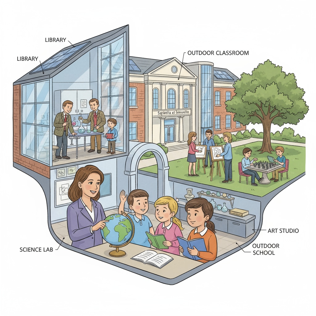 A scene of teachers and students interacting in a private school campus, showing a positive learning environment. Interaction between teachers and students in a private school related to recruitment service feasibility