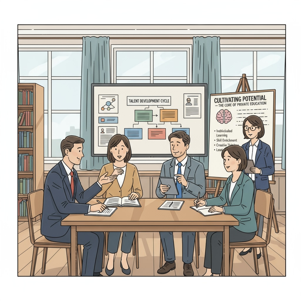 Teachers engaged in a discussion about teaching plans in a private school setting, highlighting the importance of talent in private education. Teachers discussing teaching plans in a private school relevant to recruitment feasibility