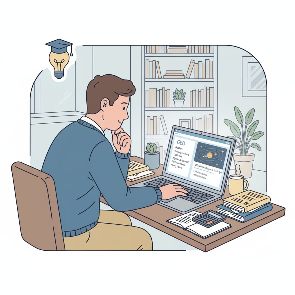 A person is sitting in front of a laptop, studying GED courses intently. The screen shows various course materials and study guides related to GED. A person studying GED online courses on a laptop