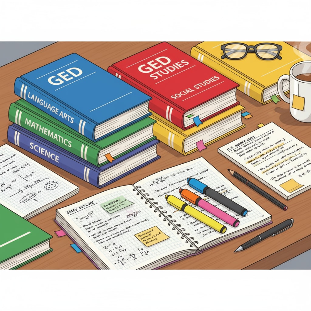 A table with books and notes related to different GED course subjects like language arts, mathematics, science, and social studies are neatly arranged. There are also some highlighters and pens beside them, indicating the process of studying GED course content. Books and notes related to GED course content