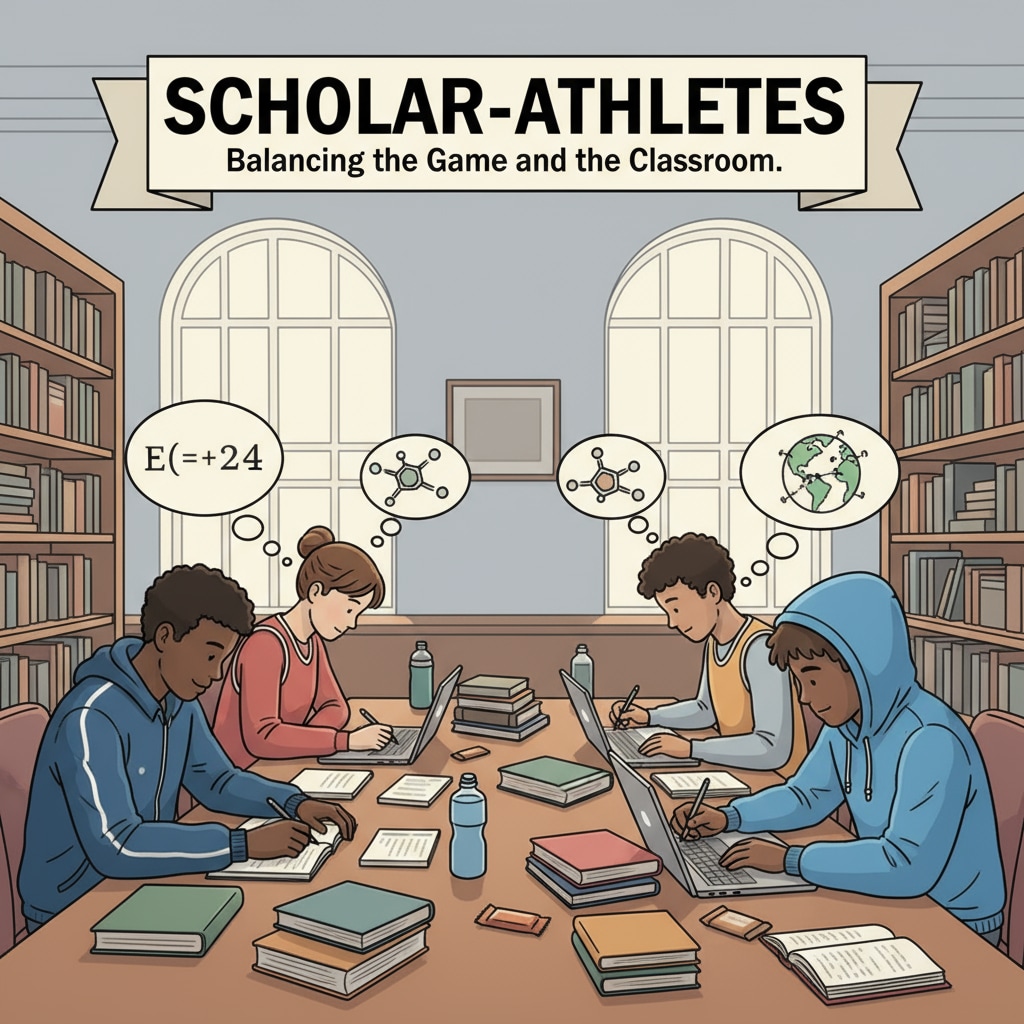 A group of athletes sitting in a library, focused on their studies, representing the academic side of sports team members. Athletes in a library studying to maintain academic integrity