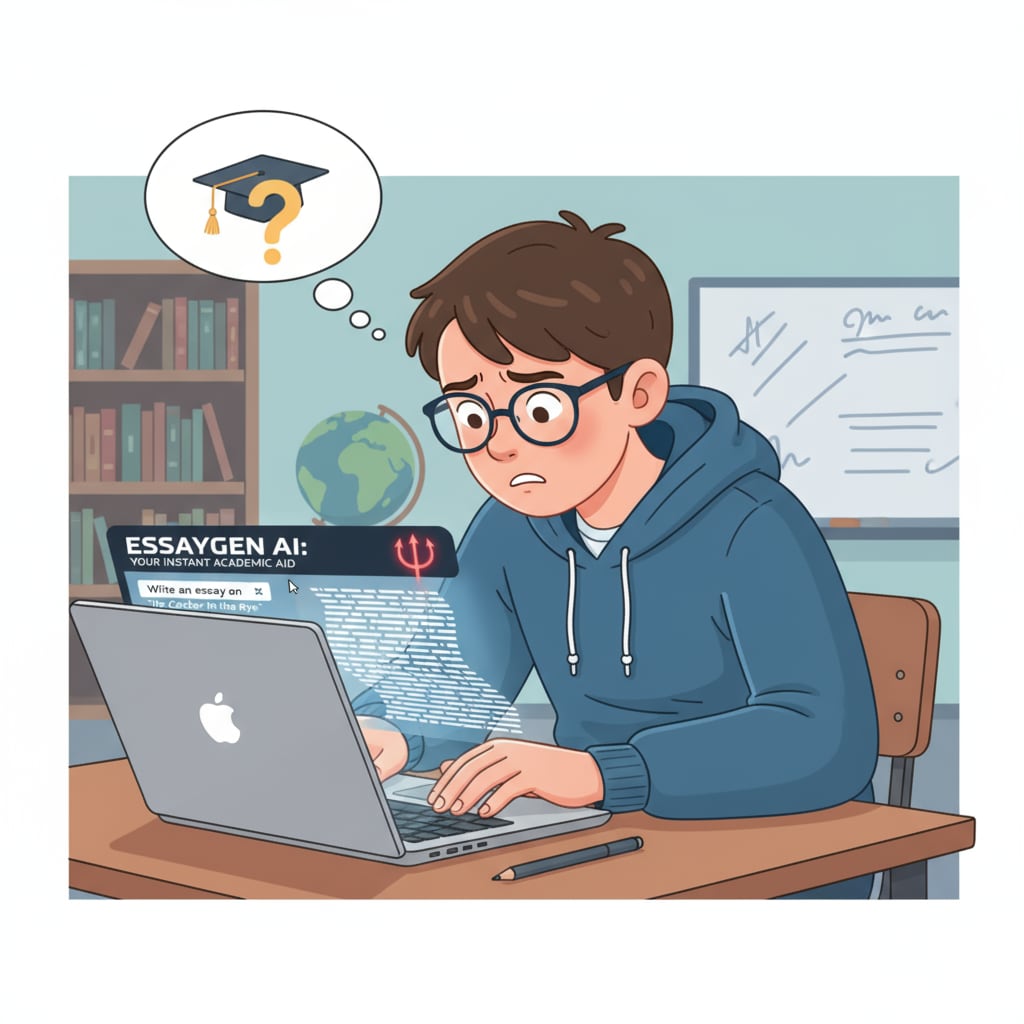 A student looking at a laptop screen with an AI writing software interface, symbolizing the temptation of AI cheating. Student using AI writing software, highlighting the AI cheating issue in sports teams