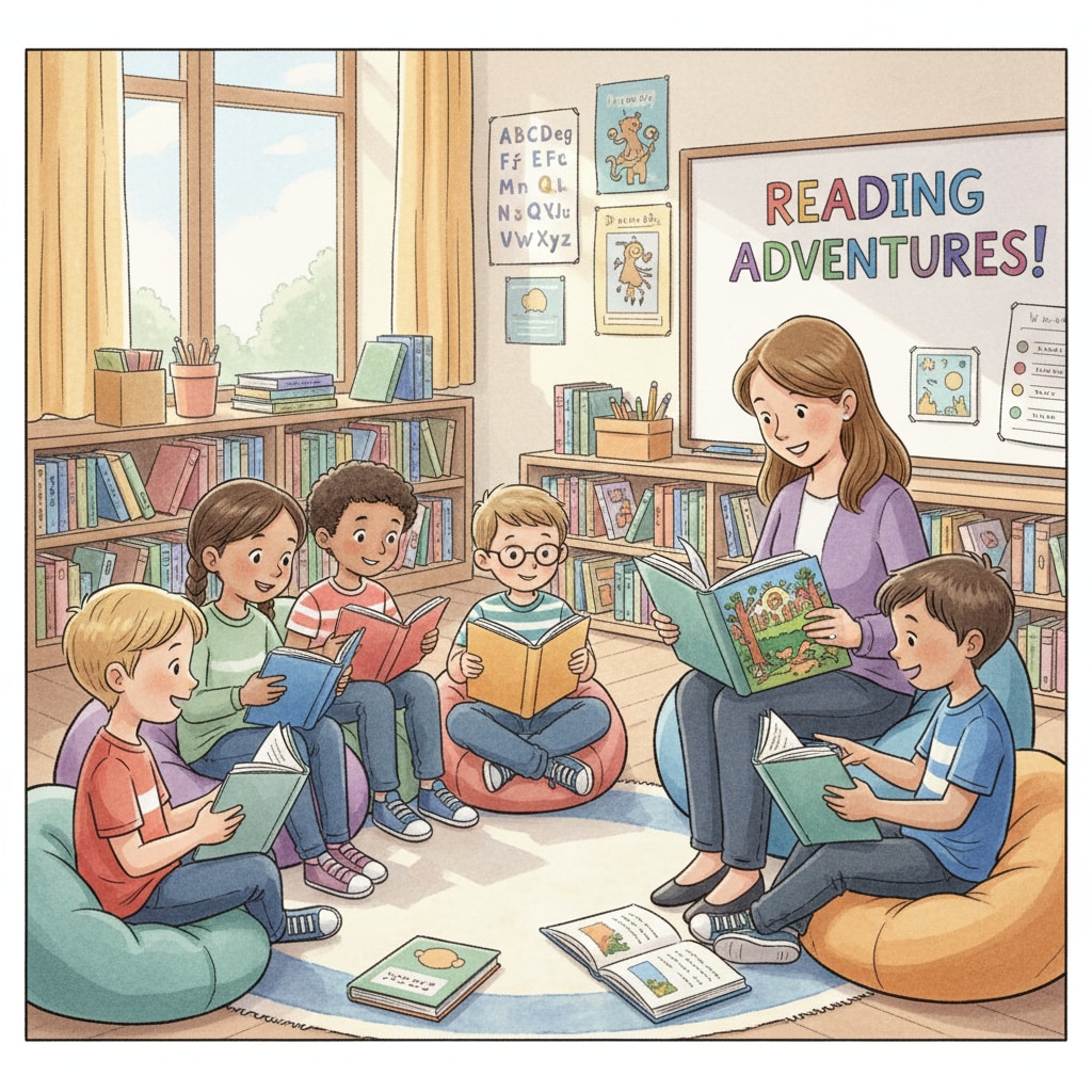 A group of children are reading books together in a classroom, showing an engaged reading environment related to reading instruction. Children reading books in a classroom related to education and the