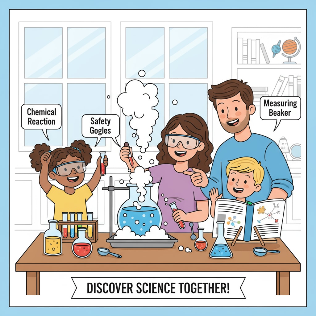A family is gathered around a table, doing a science experiment together. The kids are excited and actively involved. Family doing a science experiment at home for DIY science and family activity