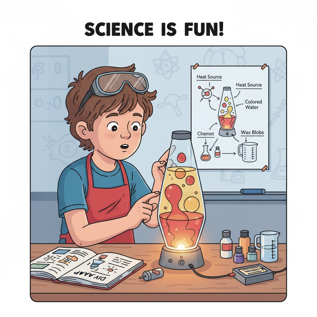 A child is looking closely at a lava lamp they have made as part of a DIY science experiment. Child observing a lava lamp experiment for family science activity