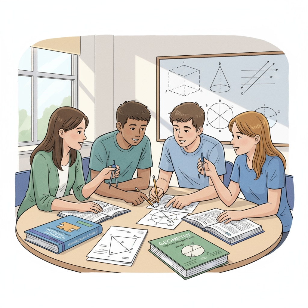 A classroom scene where students in the US education system are engaged in discussing high school geometry problems. They are gathered around a table, looking at geometric diagrams and sharing their thoughts. High school geometry discussion in the US education system with teaching resources in view