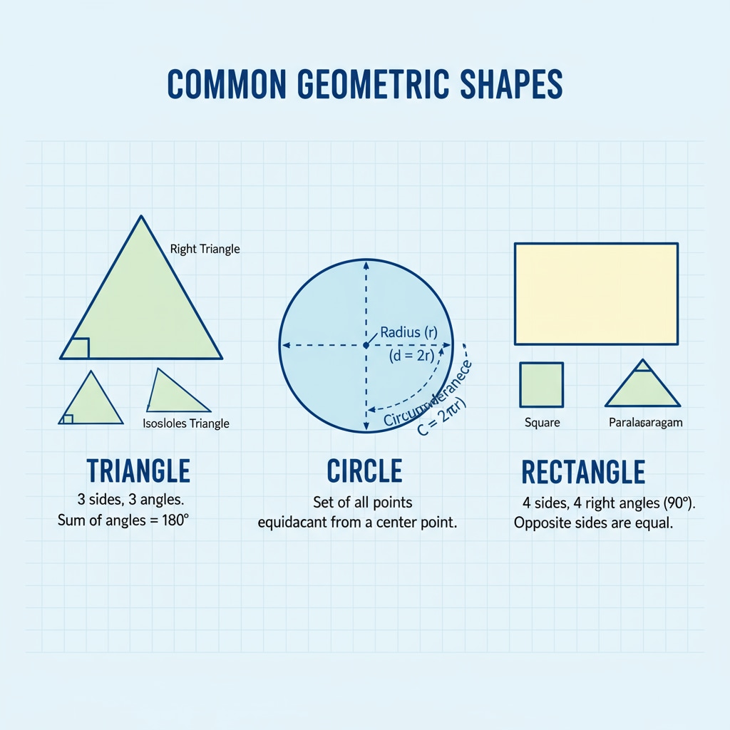 A visual display of various geometric shapes like triangles, circles, and rectangles commonly used in the US high school geometry curriculum. The shapes are labeled with their names and some basic properties. Geometric shapes used in US high school geometry curriculum as teaching resources