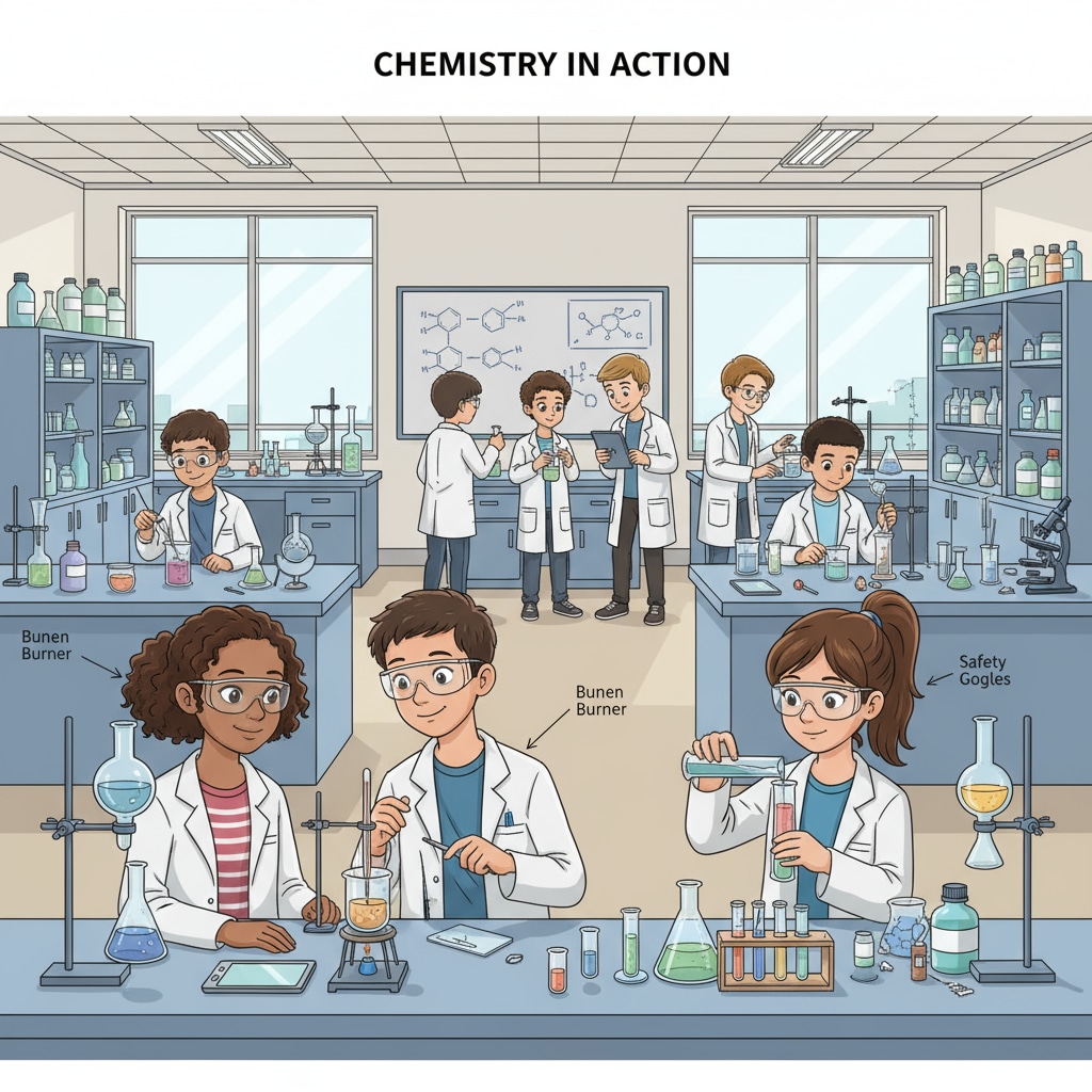 High school students are carefully conducting various chemistry experiments in a well-equipped laboratory, showing their enthusiasm and focus for scientific exploration. High school students conducting chemistry experiments related to chemistry research project topic selection