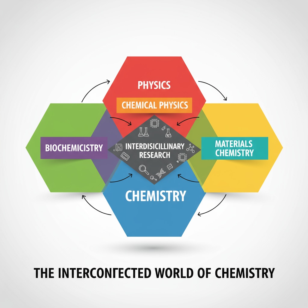A visual diagram clearly depicts the overlapping areas between chemistry and other scientific disciplines such as biology, physics, and materials science, highlighting the interdisciplinary nature of chemistry research. Diagram showing the interdisciplinary nature of chemistry relevant to high school chemistry research topic selection
