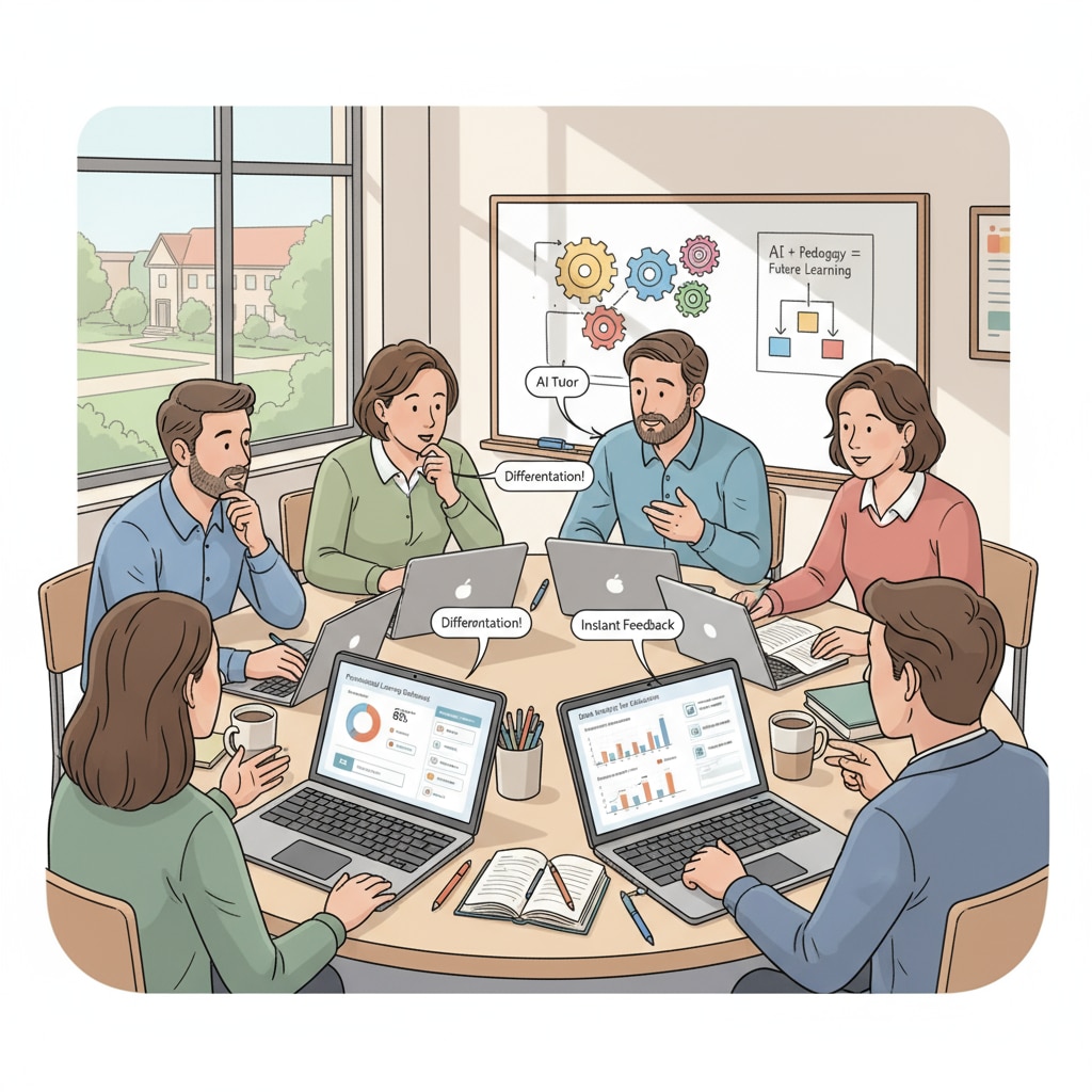 A group of teachers are engaged in a discussion. Some are looking at their laptops, which display interfaces of AI education tools, indicating their exploration and utilization of these tools in the educational context. Teachers discussing and using AI education tools for time management and instructional assistance