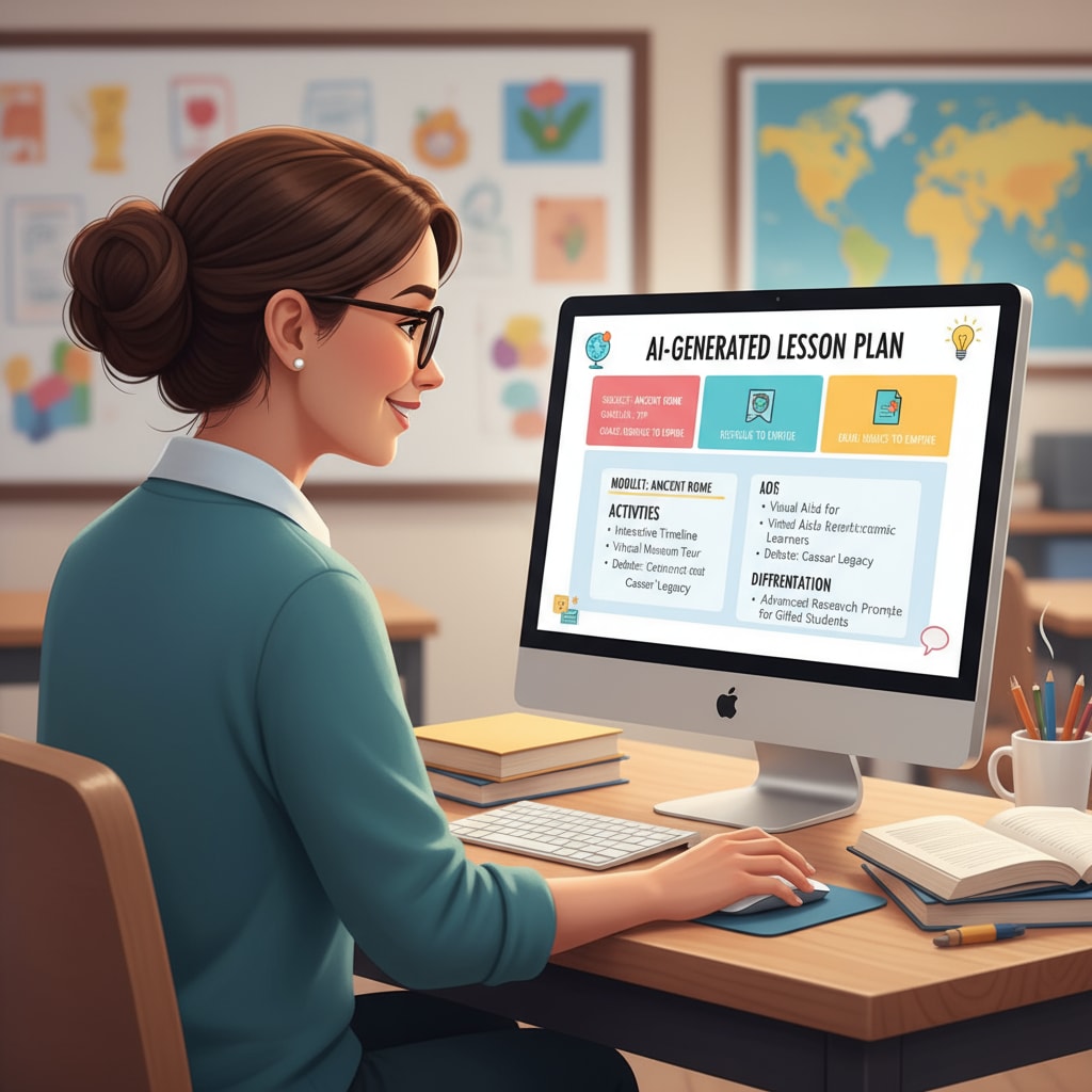 A teacher is sitting at a desk, intently looking at a computer screen that shows an AI-generated lesson plan. The plan is presented in an organized format, with various sections and suggestions for teaching different topics. Teacher reviewing an AI-generated lesson plan as part of instructional aids and time management