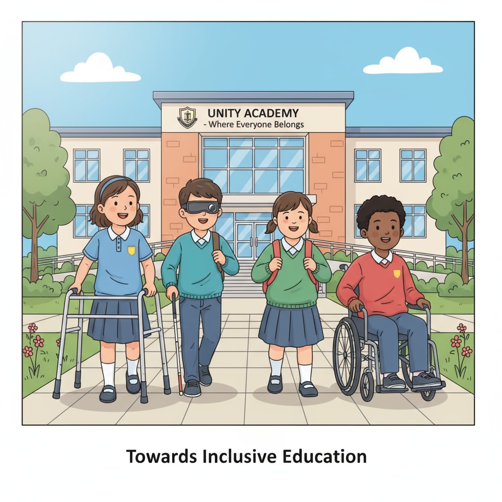 A group of students with diverse abilities walking towards a regular school building, symbolizing the aspiration of special education students to integrate into mainstream education Special education students on their way to enroll in a regular school