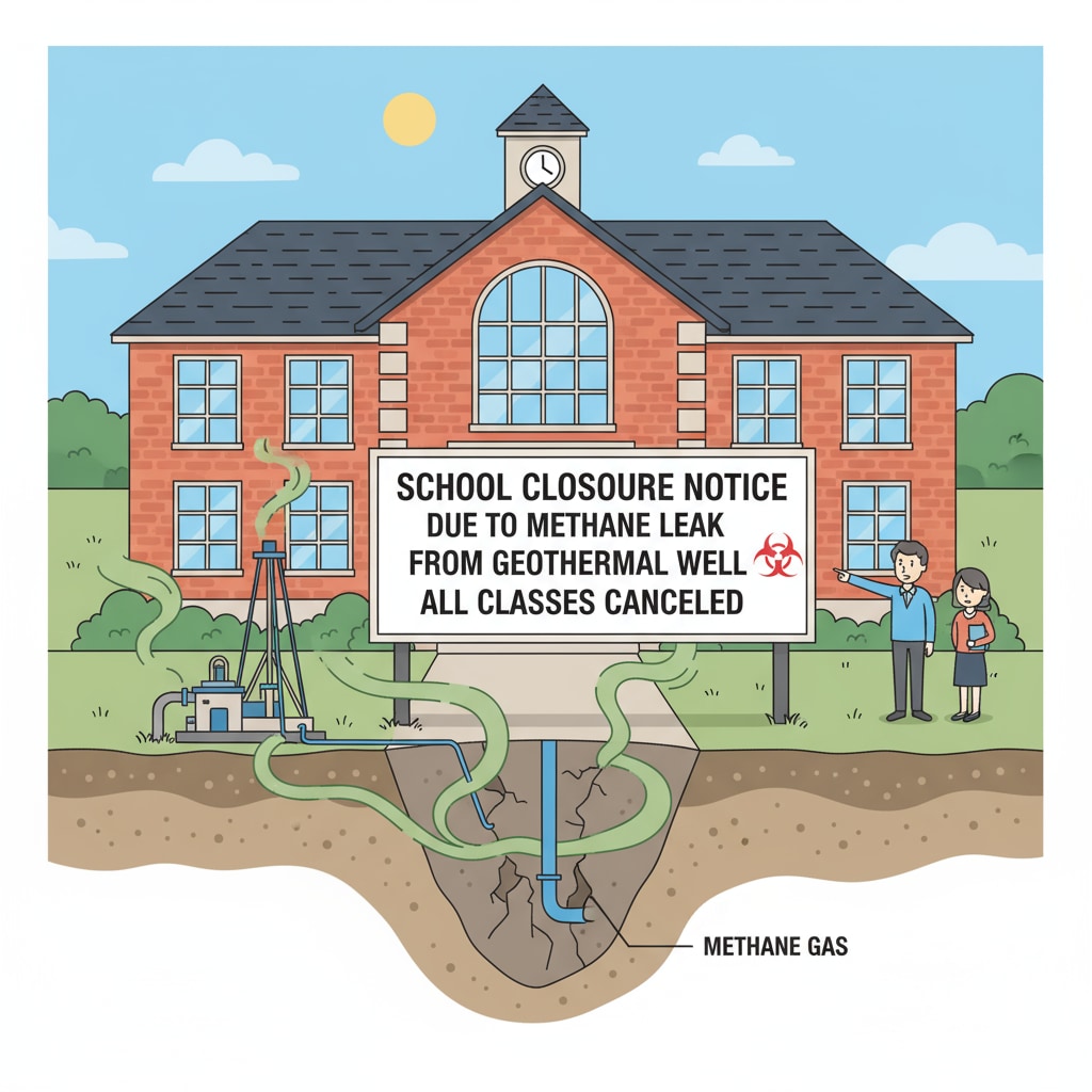 A school building with a notice of closure due to methane leak from geothermal well. School closure due to methane leak from geothermal well