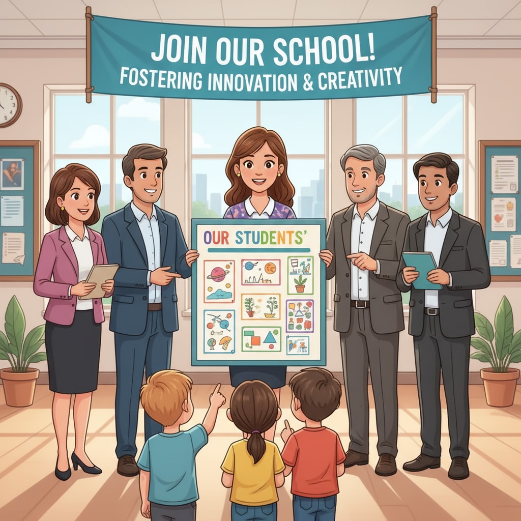 A teacher using students' work to promote the charter school and relieve recruitment work pressure.