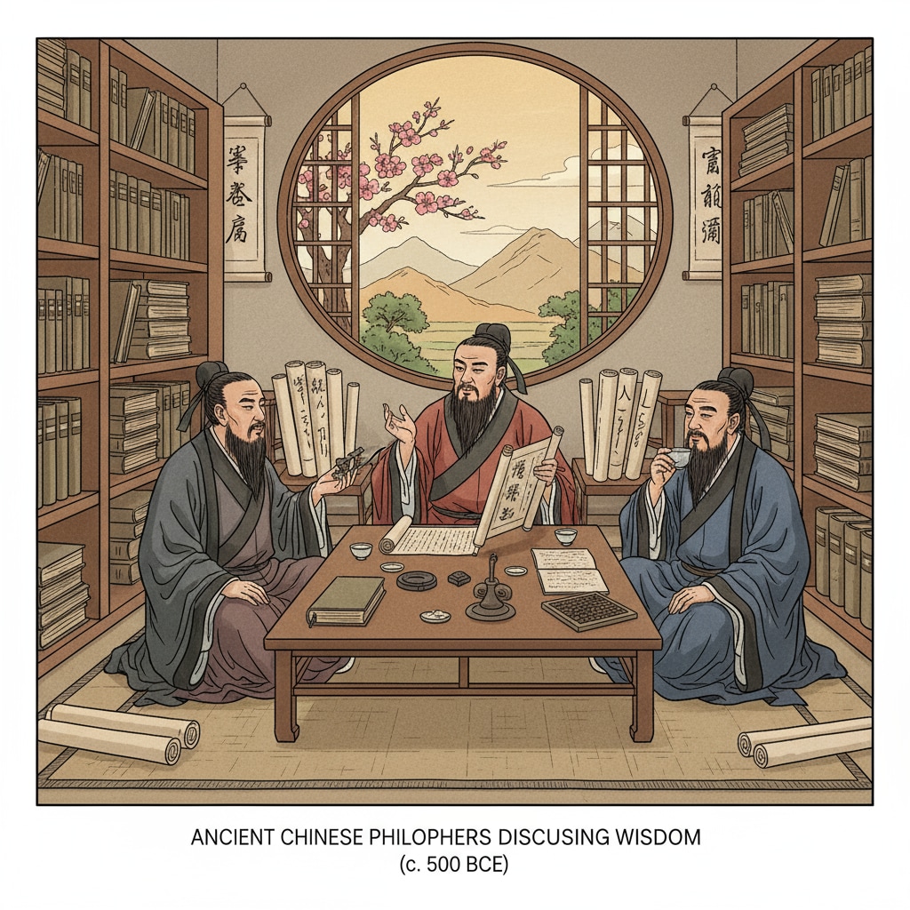 A scene depicting ancient Chinese philosophers engaged in a deep discussion about wisdom within a traditional study setting, with books and scrolls around. Ancient Chinese philosophers discussing wisdom related to lifelong learning, ancient wisdom, and self-growth