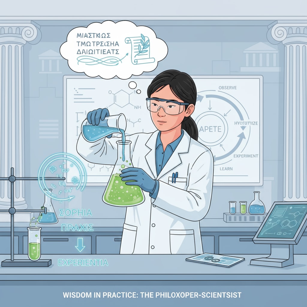 A modern student conducting an experiment in a laboratory, applying practical wisdom learned from ancient philosophy. A modern student applying practical wisdom for lifelong learning, ancient wisdom influence, and self-growth
