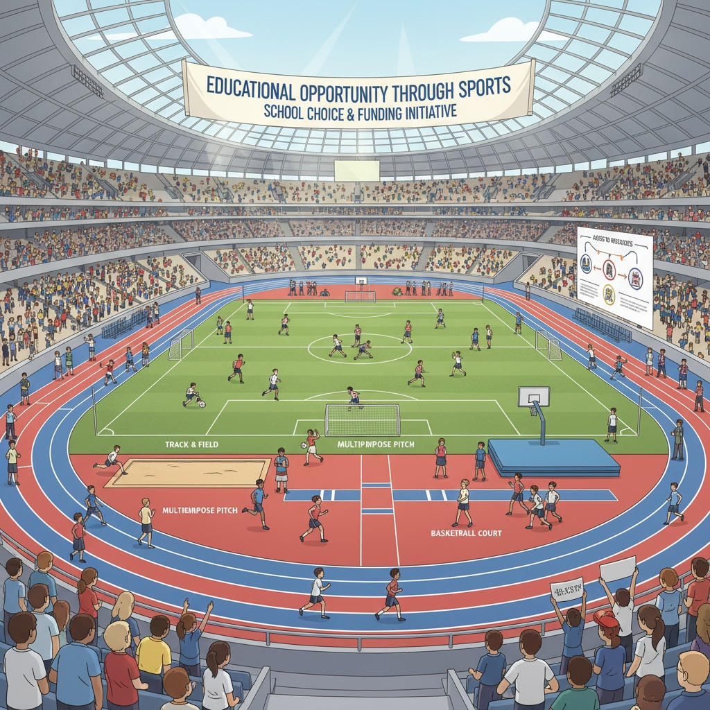 A group of students are actively engaged in sports activities in a well - equipped school stadium. The stadium represents an important sports resource in the context of school choice and education funding, showing how students from different school backgrounds might potentially access and utilize such facilities. Students using sports resources in the context of school choice and education funding