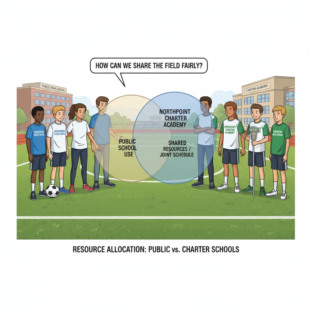 Two groups of students, one from a public school and the other from a charter school, are standing on a sports field, having a discussion about sharing the field. This image symbolizes the disputes and potential solutions regarding sports resources between public and charter schools. Students from public and charter schools discussing sports resources related to school choice and education funding