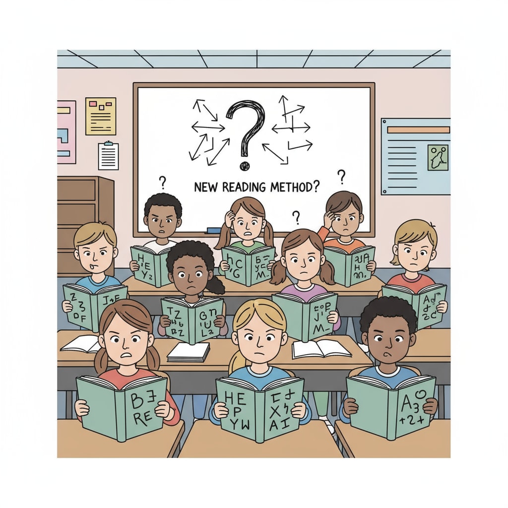 A classroom scene shows students looking confused while reading books, indicating the struggle caused by the controversial reading method. Students struggling with reading due to controversial reading instruction method in an education policy context related to school-to-prison pipeline