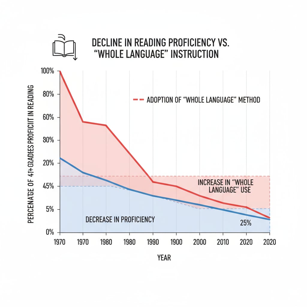 A graph presents data on the decline in reading proficiency rates over the years, which is associated with the use of the controversial reading instruction method. Graph showing decline in reading proficiency related to controversial reading instruction method and its impact on school-to-prison pipeline in the context of education policies