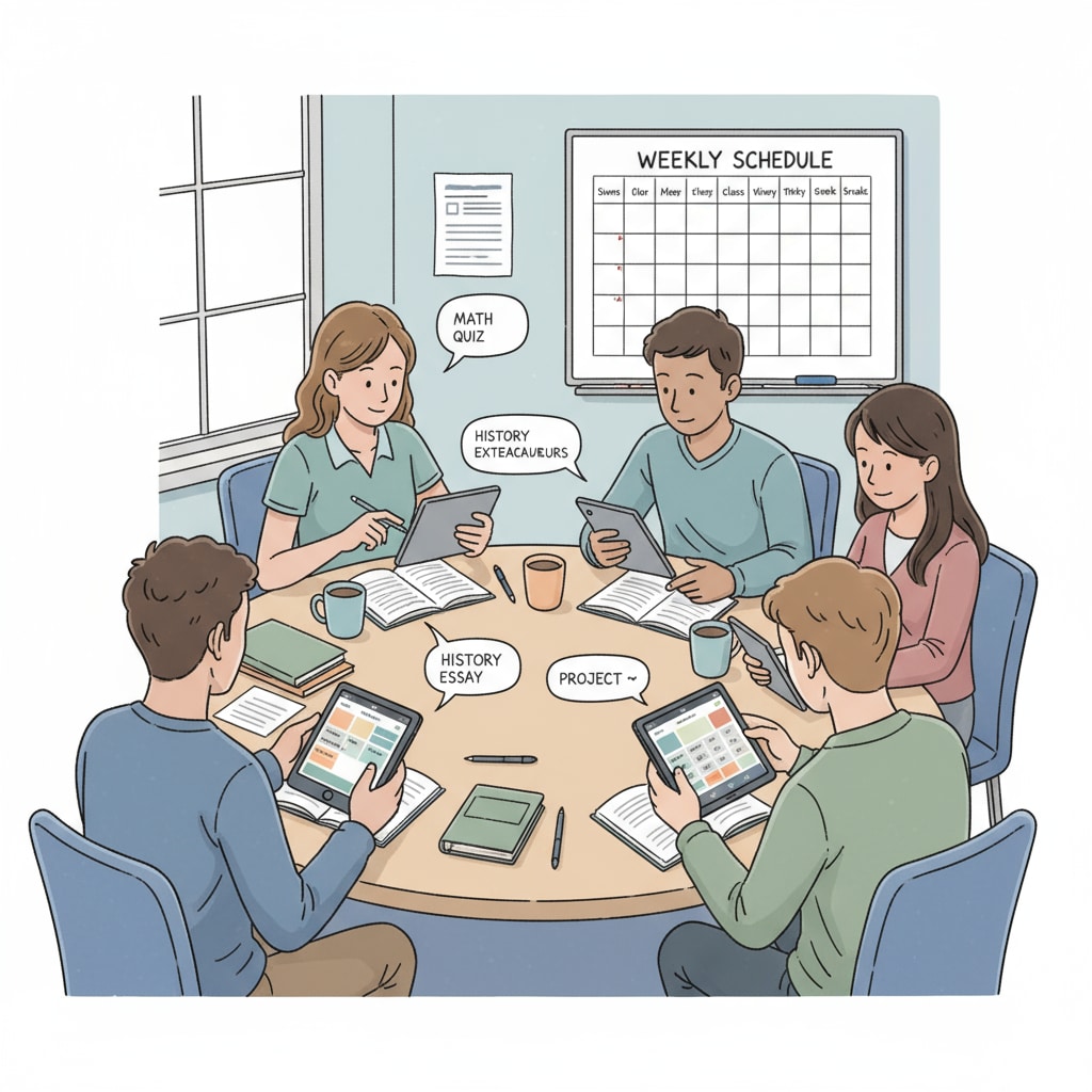 A group of students are sitting around a table, looking at their mobile devices which display calendar apps, discussing their study schedules. Students using free calendar apps with organization features instead of Google Calendar