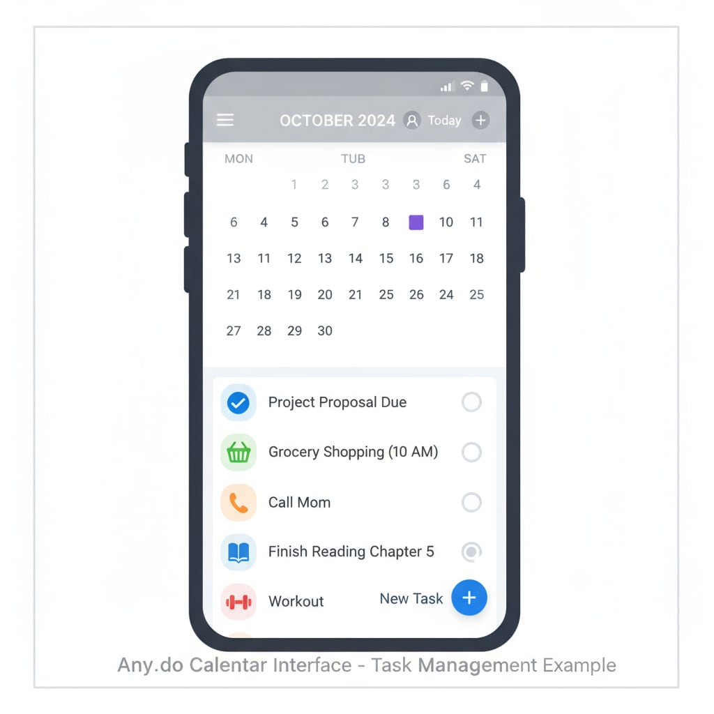 Screenshot of Any.do Calendar app with tasks and events, an alternative to Google Calendar