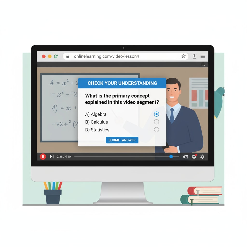 A screenshot displaying the interface of the video pause and question tool during an online learning video, showing the paused video and a question prompt. Screenshot of video pause and question tool during online learning