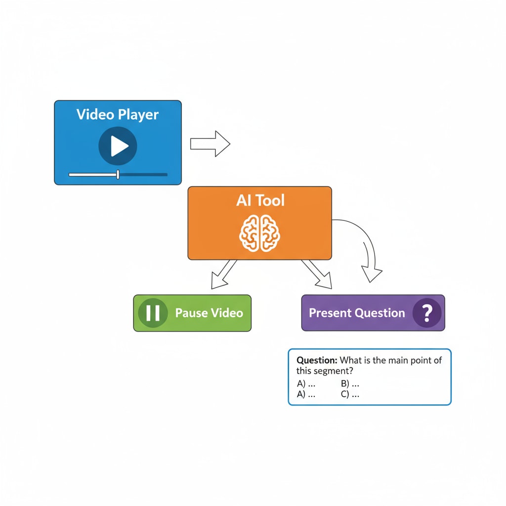 A graphic depicting the process of the tool pausing the video and presenting a question, with arrows showing the sequence. Graphic showing video pause and question process