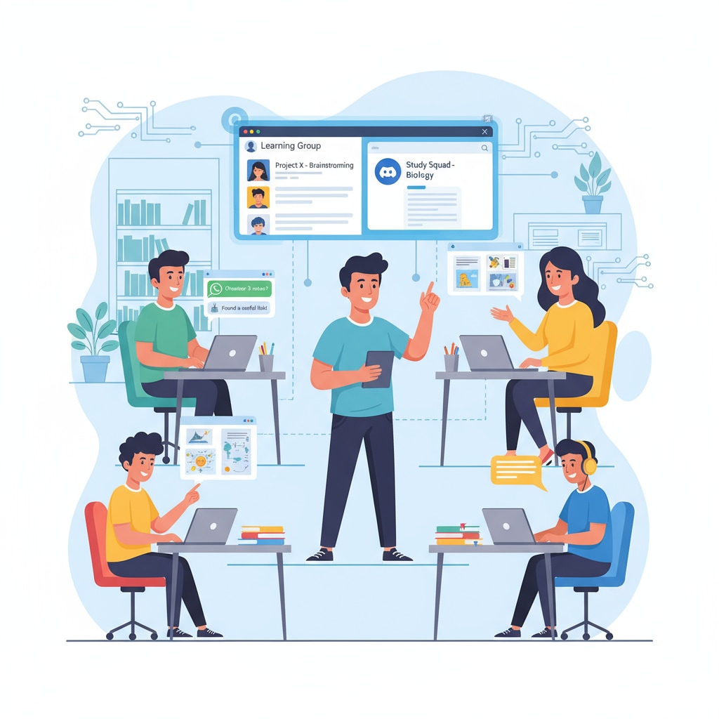A group of students are collaborating online, using laptops and tablets to interact on various digital platforms like learning groups, Discord, and WhatsApp. Students collaborating in an online learning environment with learning groups, Discord, and WhatsApp