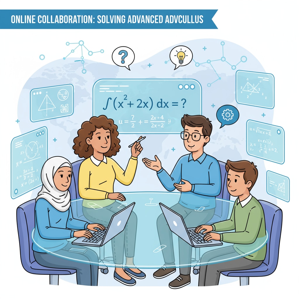 Students are sitting around a virtual table, working together on a challenging math problem in an online learning group setting. Students working on a math problem in an online learning group with connections to Discord and WhatsApp for further communication