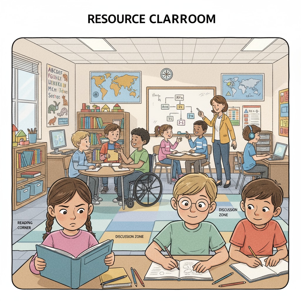 A classroom scene shows students of different ages and learning levels engaged in various activities such as reading, drawing, and discussing. This represents the diverse learning environment in a resource class. Classroom scene with students of different learning levels in a resource class, demonstrating teaching balance