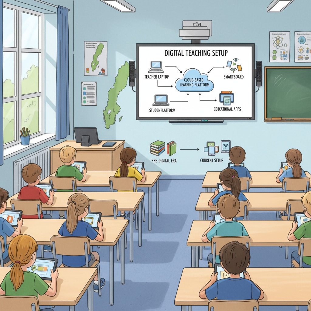 Students in a Swedish classroom are using digital tablets for learning, showing the previous digital teaching setup. Students using digital devices in a Swedish classroom for learning.