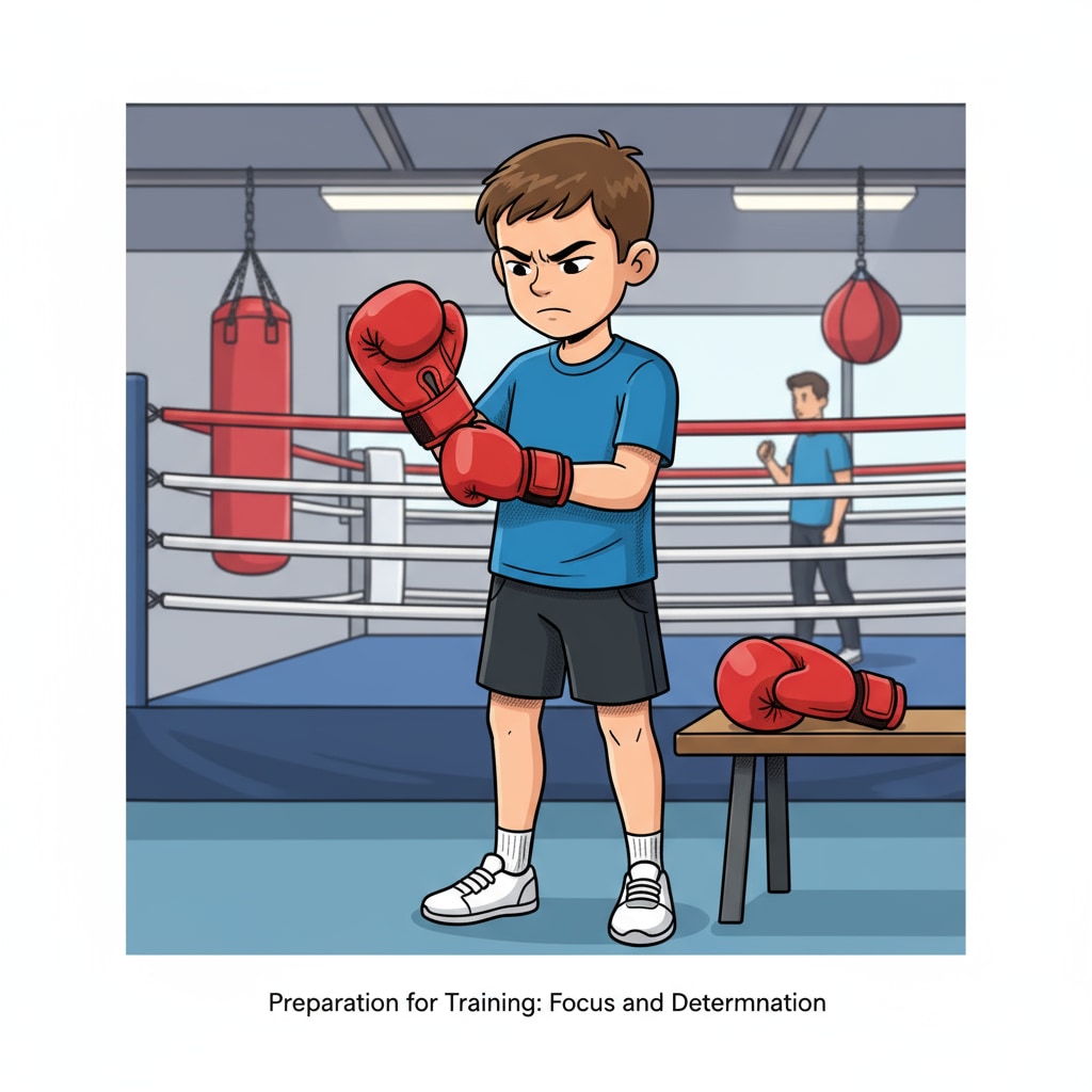 A young student putting on boxing gloves before a training session, showing determination and focus. A student preparing for boxing training, related to college application extracurricular activities.