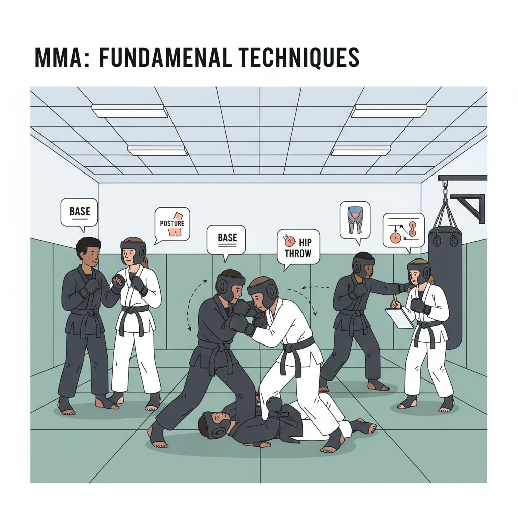 A group of students practicing MMA techniques in a training hall, demonstrating teamwork and skill development. Students practicing MMA as an extracurricular activity for college applications.