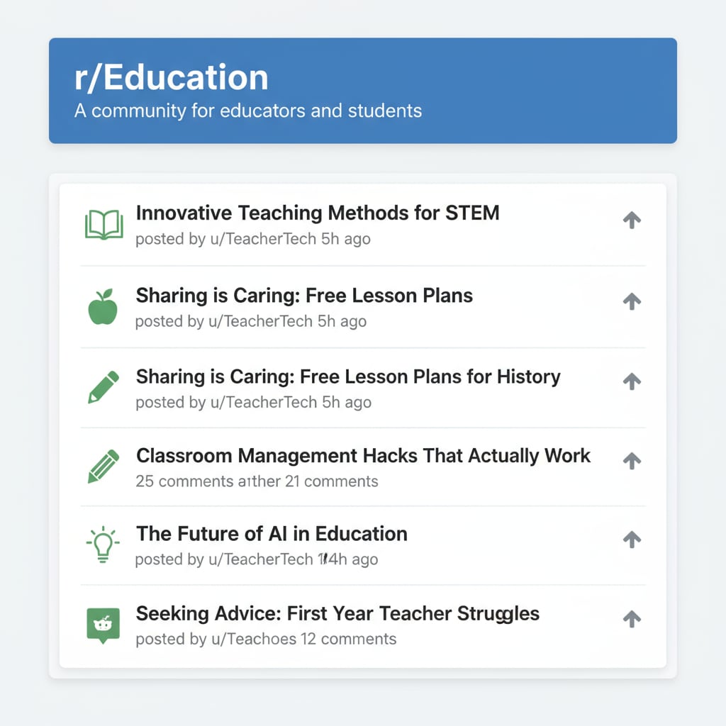 A screenshot of the r/Education subreddit page showing various discussion threads related to teaching methods, lesson plans, etc. A view of the r/Education subreddit with educational discussion threads