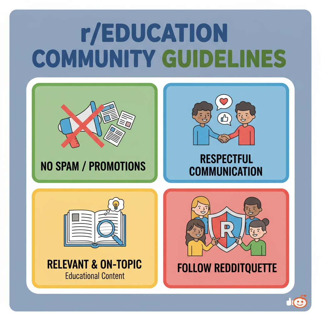 A graphic showing the key community rules of r/Education, including no spam, respectful communication, etc. Graphic displaying r/Education community rules