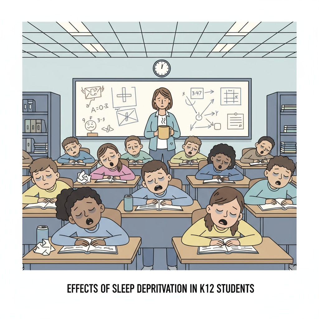 A group of K12 students looking tired in the classroom, indicating the impact of sleep deprivation. Tired K12 students in class due to sleep deprivation related to school stress and mental health issues
