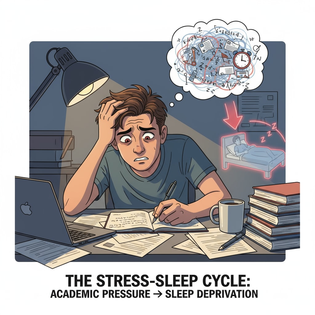 A student looking stressed while studying late at night, emphasizing the link between school stress and sleep deprivation. Stressed student studying late at night showing the connection of school stress, sleep deprivation, and mental health