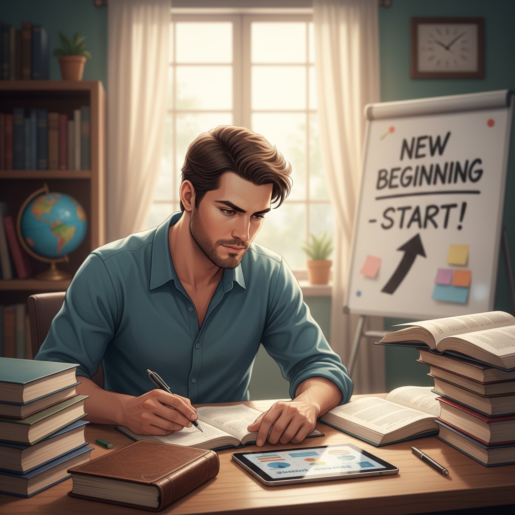 A young 25-year-old person sitting at a desk, looking at books with a determined expression, ready to start learning again. This image represents the initial step of someone restarting their educational journey, showing the determination to overcome past regrets and embrace new learning opportunities. A 25-year-old ready to restart education, driven by learning yearning despite past regrets.