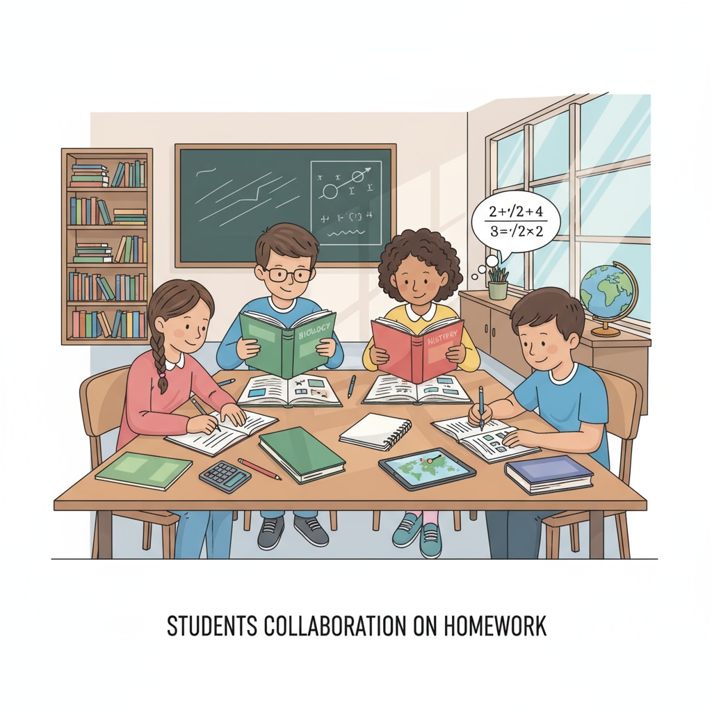 A group of students are engaged in homework activities, sitting at a table, some reading textbooks and others writing. Students engaged in homework, part of the homework, students, debate in K12 education
