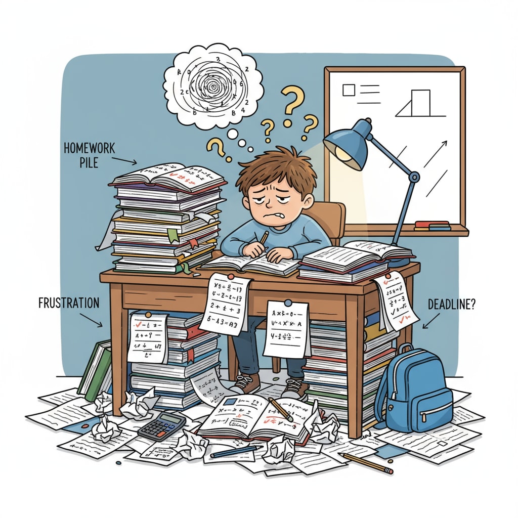 A student appears frustrated while sitting at a desk surrounded by piles of homework. Frustrated student with homework, related to the homework, students, debate in K12 education